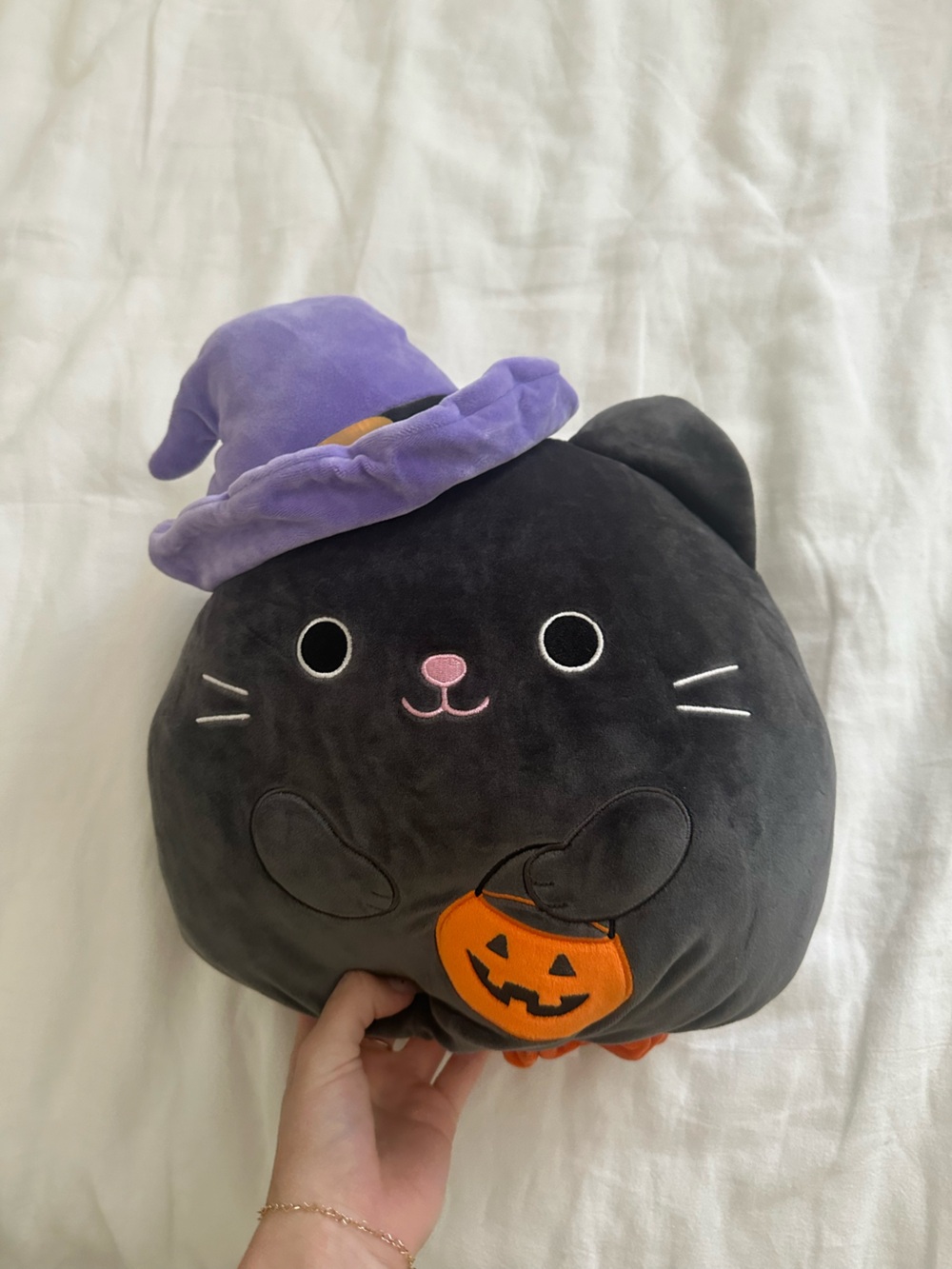 Squishmallows Black Cat Plush with Purple Witch Hat and Orange Pumpkin